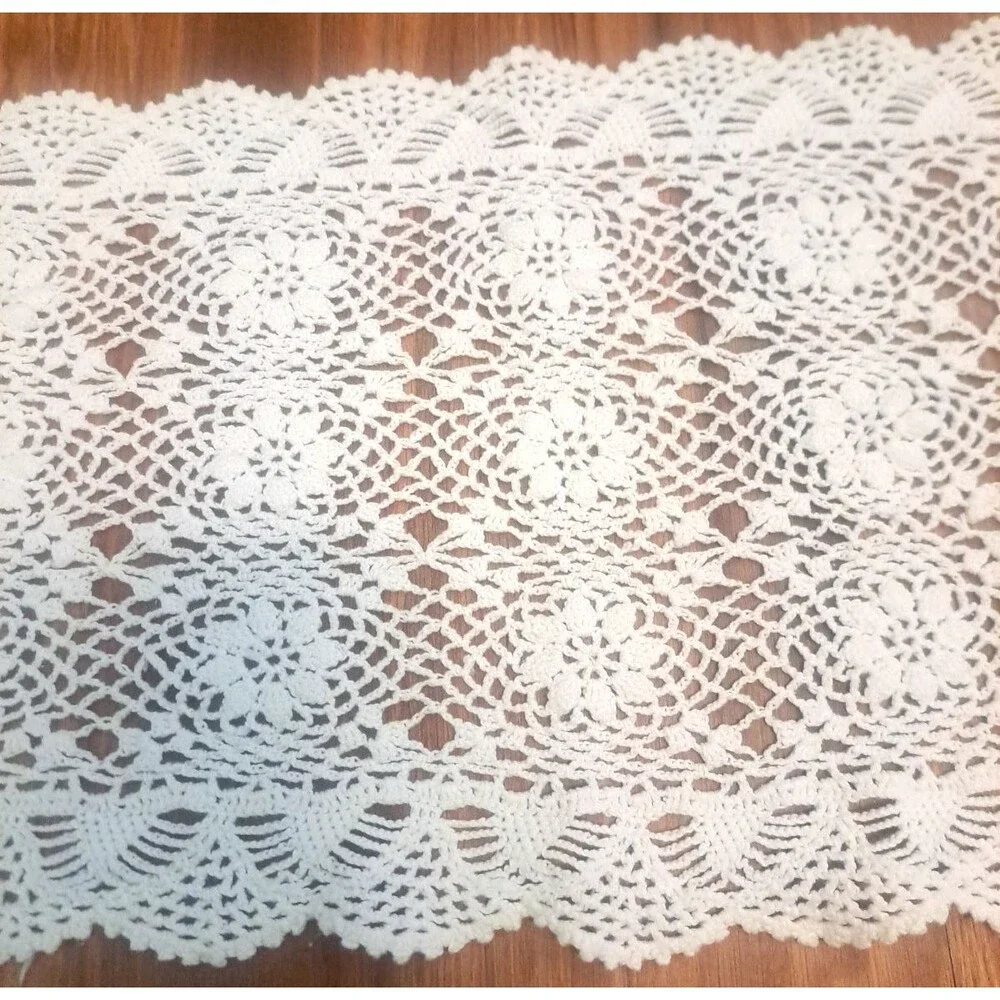 White Crochet Knit Table Runner 64x12 Floral Daisy Long Handmade Country Cottage
